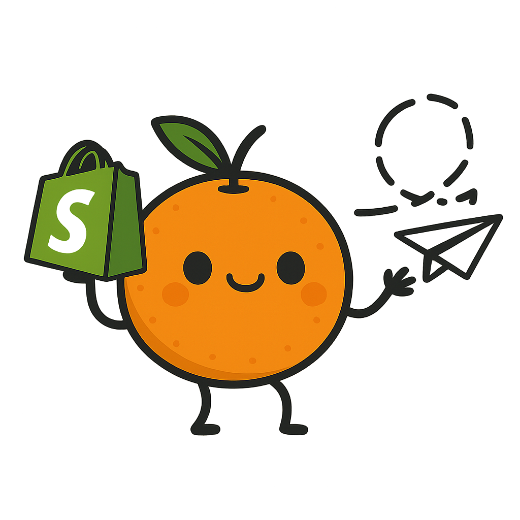 Orangey mascot holding Shopify bag and paper airplane